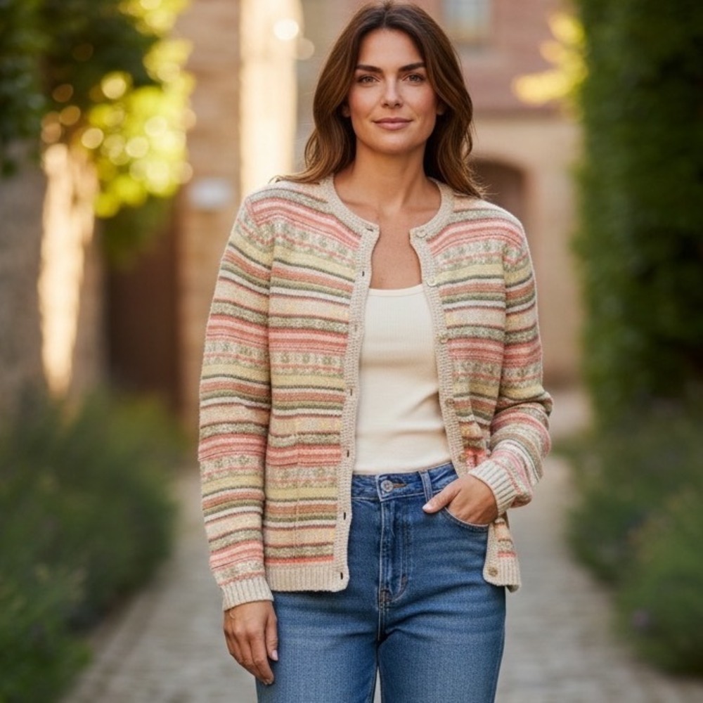Striped Floral Cotton Knit Cardigan Sweater Cottagecore Vintage Small